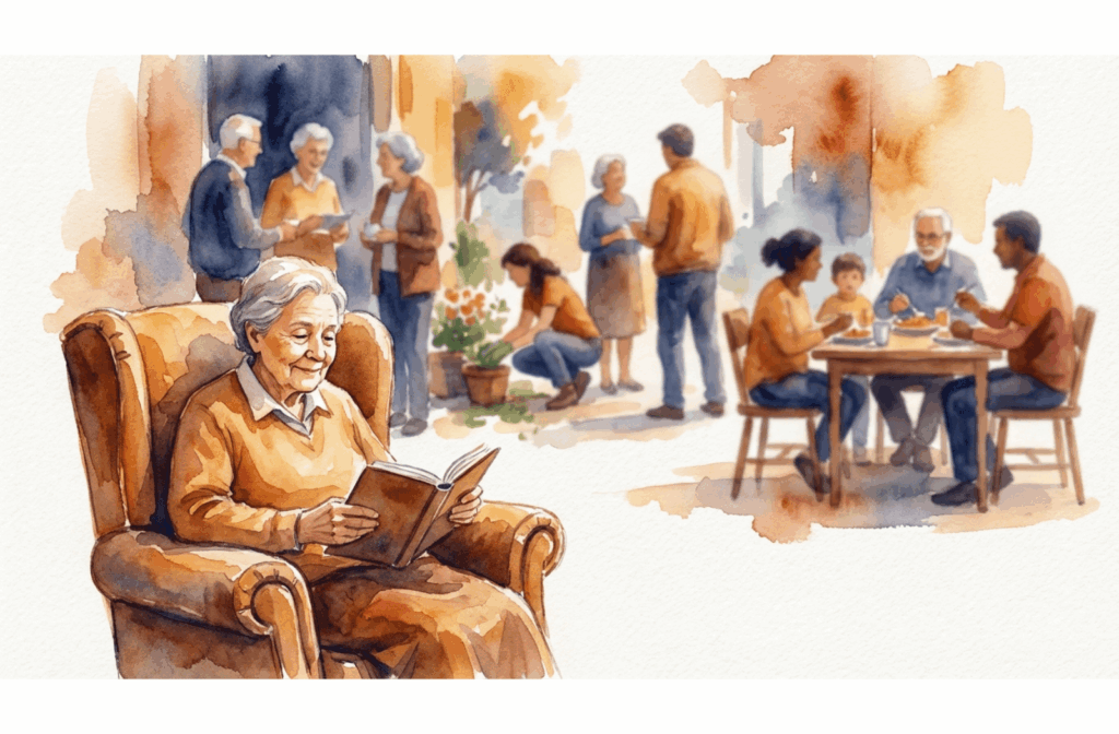 A watercolor painting of an older adult relaxing in a communal space with others nearby, representing a welcoming community environment.