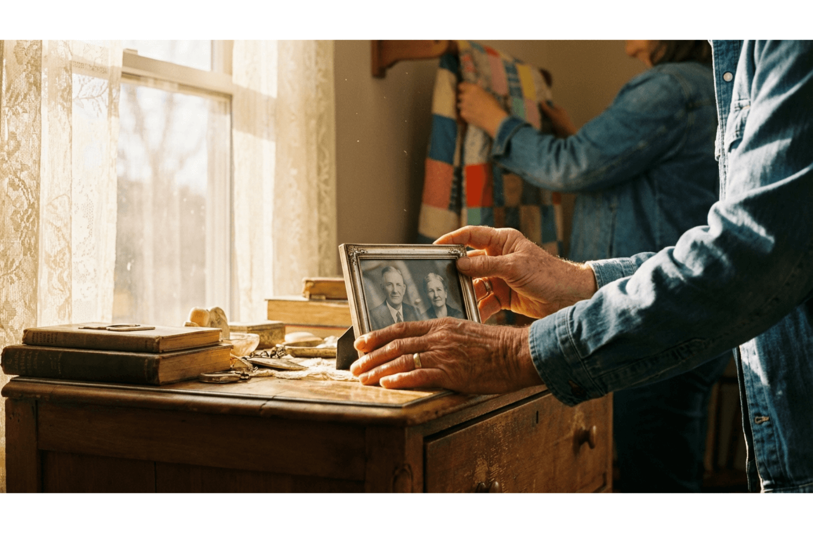Close-up of an older adult's hands placing a framed family photo on a dresser while a younger person decorates the room in the background.