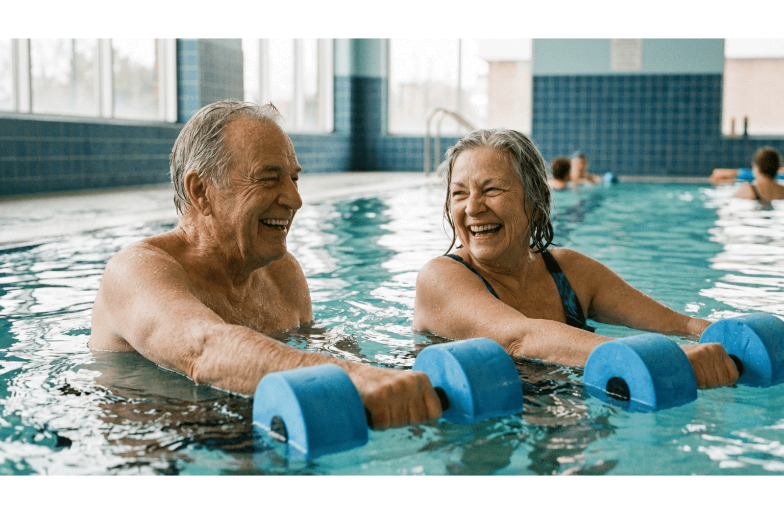 Two happy older adults holding foam weights in an indoor pool, laughing while exercising in the water.