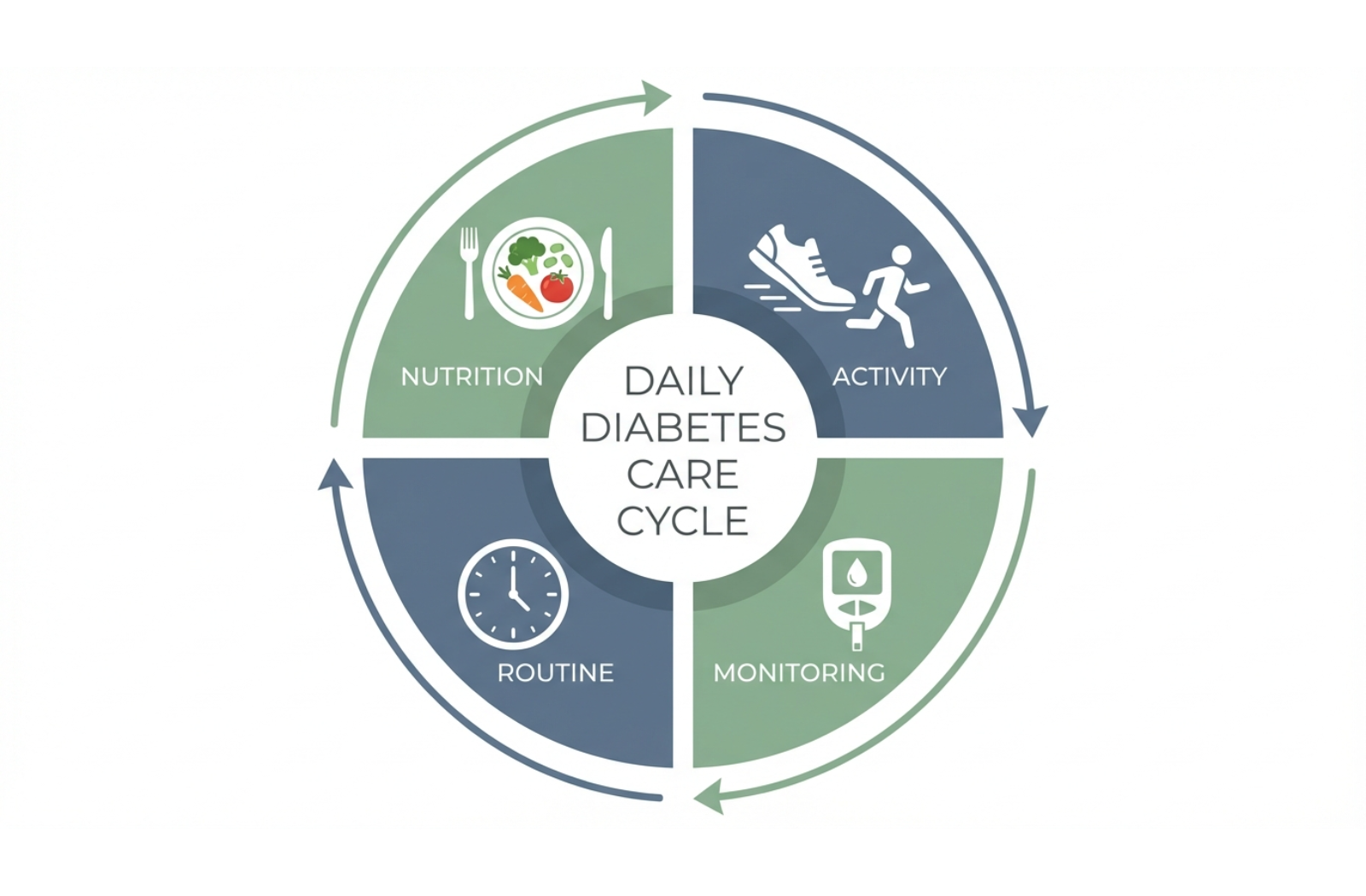 Circular infographic chart displaying four key pillars of diabetes care: nutrition, activity, monitoring, and routine maintenance.