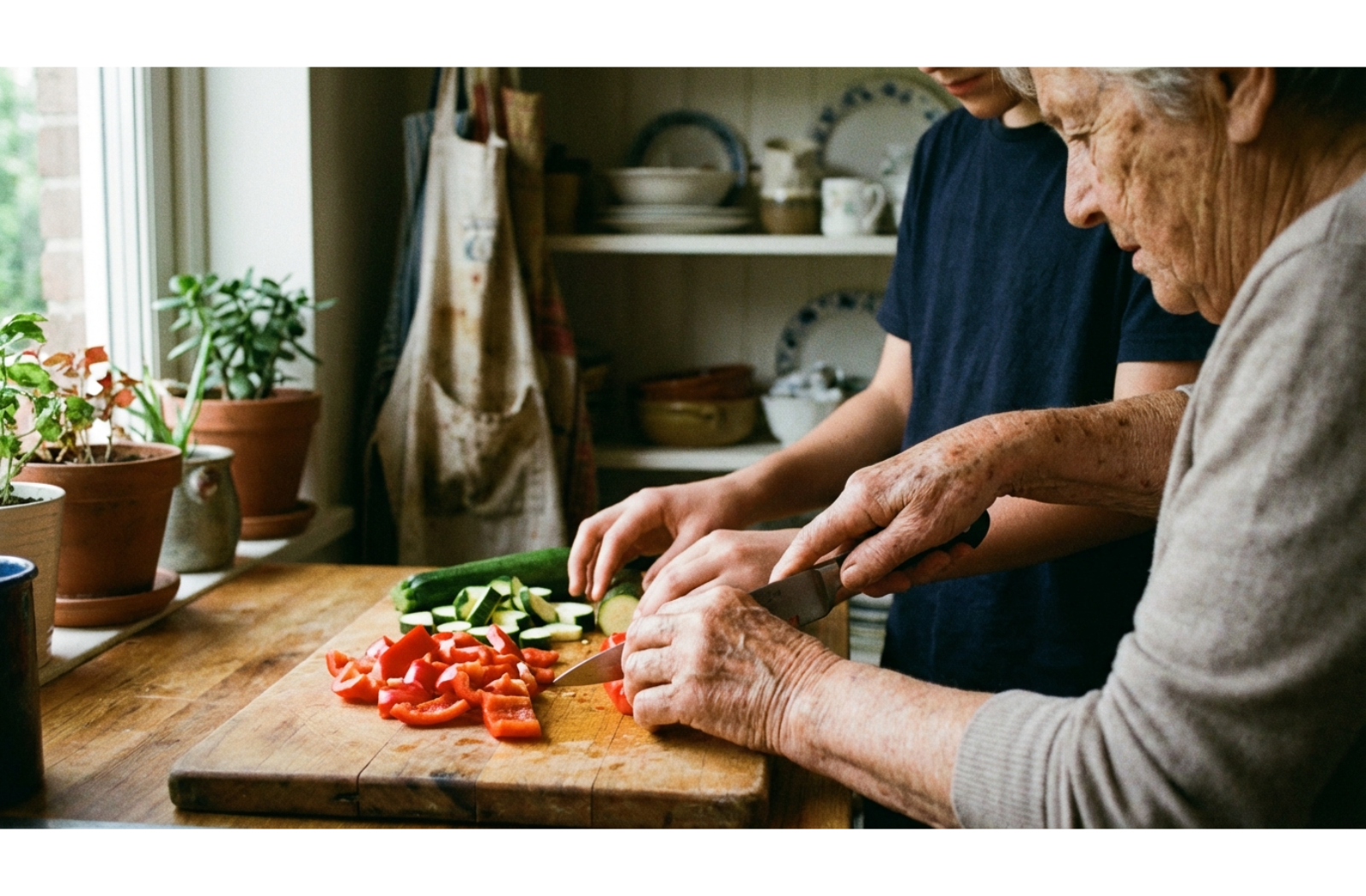 Close-up of an older adult and a younger person chopping fresh vegetables together on a wooden cutting board.