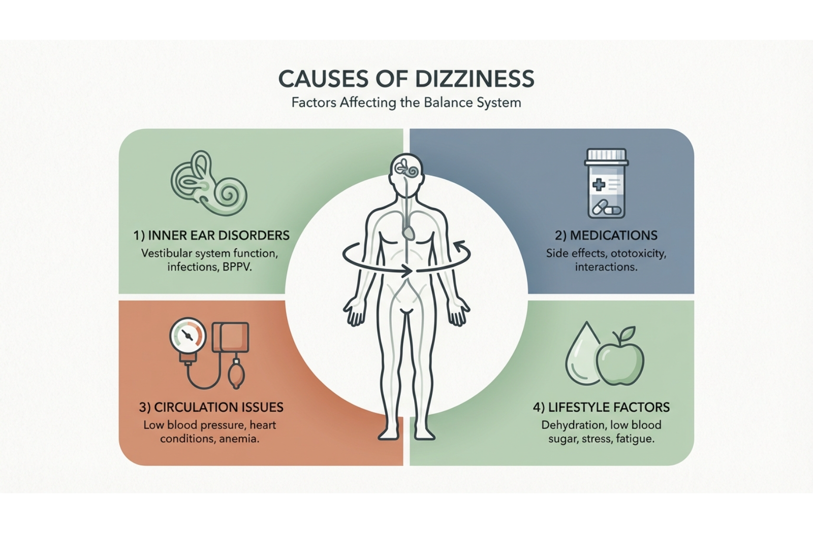 Infographic diagram illustrating four causes of dizziness: inner ear balance, medication side effects, blood pressure, and dehydration.