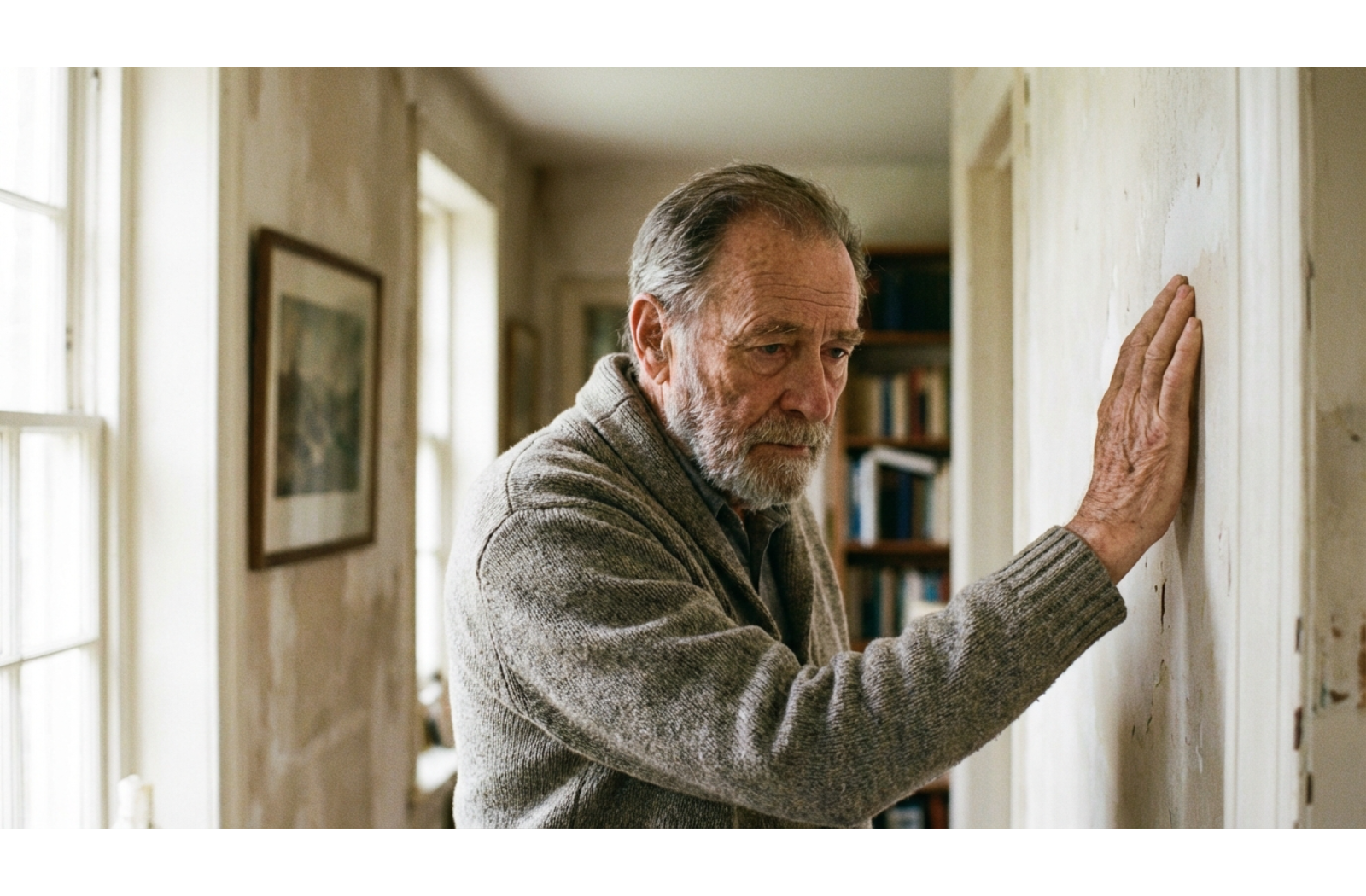 Older adult pausing in a hallway with one hand against the wall for stability.