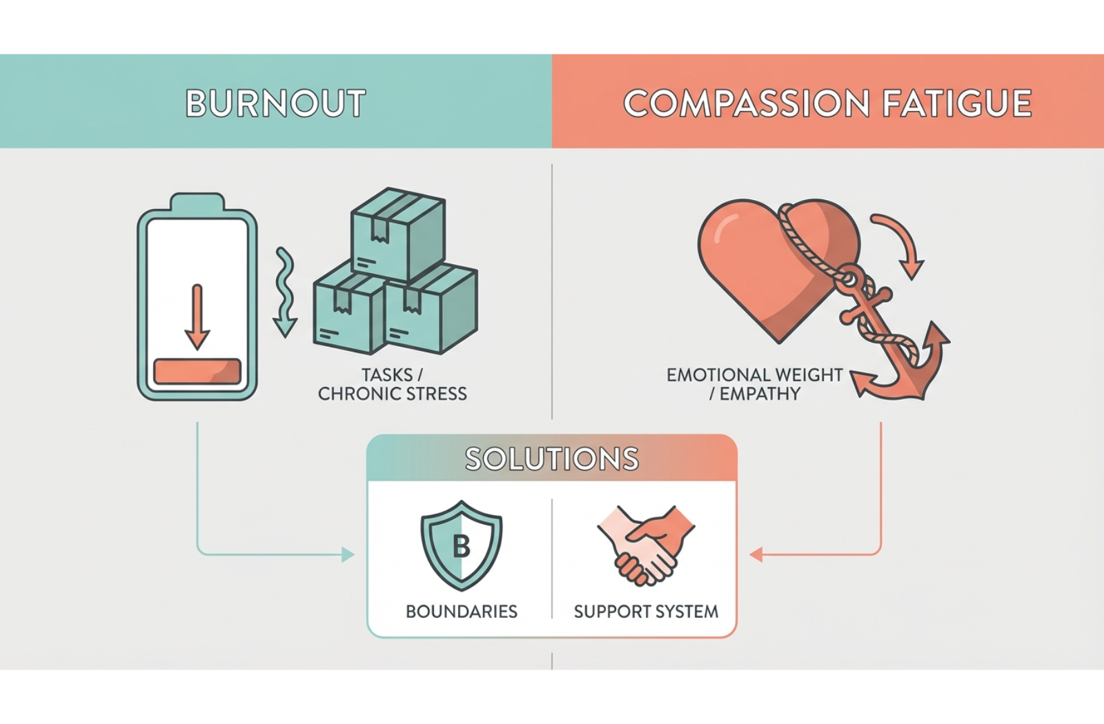 Comparison chart showing burnout as a draining battery and compassion fatigue as a weighted heart, with icons for boundaries and support.
