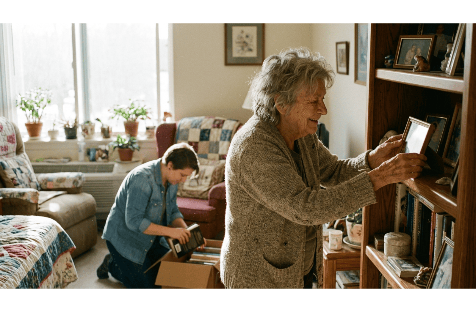 An older adult arranges photos on a shelf while a younger person unpacks books in a bright, cozy apartment.