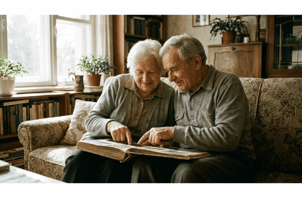 An older adult and a younger person looking through a photo album together on a sofa, smiling warmly in a sunlit room.
